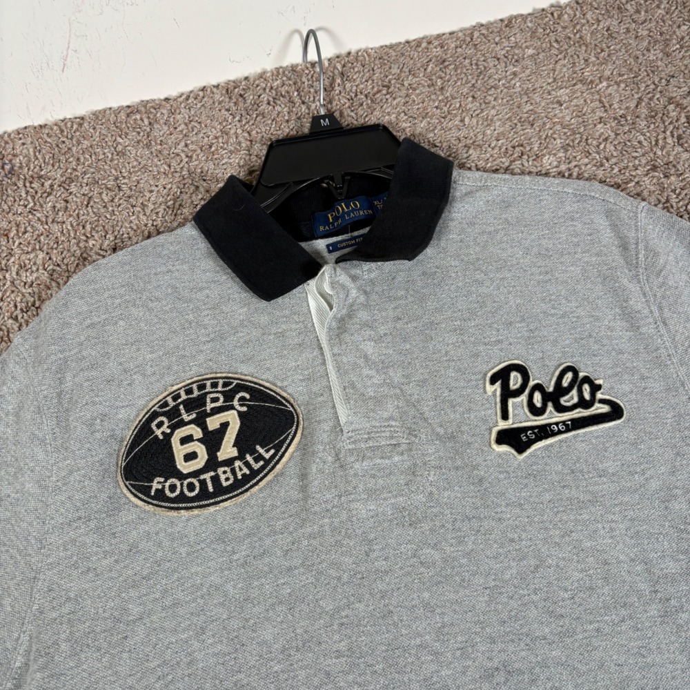Polo Ralph Lauren Mens XL Custom Fit Gray Football Varsity Patch Polo Shirt
